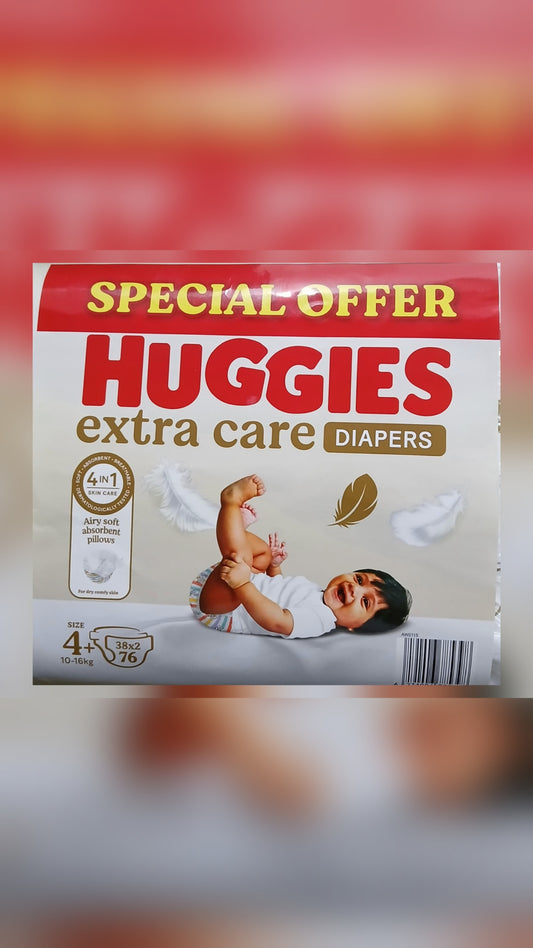 HUGGIES- EXTRA CARE DIAPERS- TWIN PACK- NO-4+/38*2=76'S- 10-16 KG