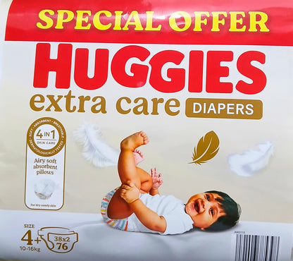 HUGGIES- EXTRA CARE DIAPERS- TWIN PACK- NO-4+/38*2=76'S- 10-16 KG